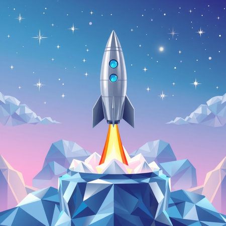 Rocket launch in space. Vector illustration in polygonal style.の写真素材