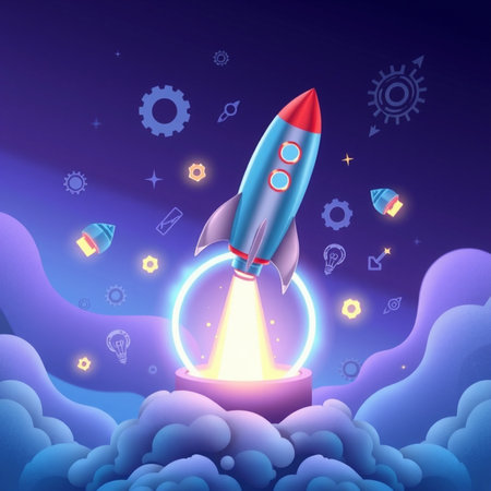 Rocket launch into space. Start up business concept. Vector illustration.