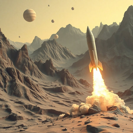 Space rocket flying in the sky. 3D illustration. Landscape.