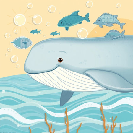 Cute whale swimming in the sea. Underwater world. Vector illustrationの写真素材