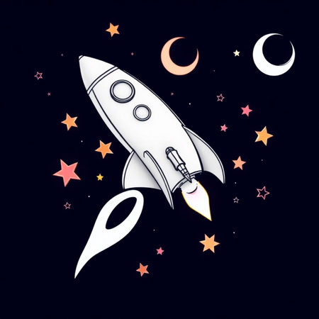 Rocket and stars on a dark background. 3d rendering. Computer digital drawing.の写真素材