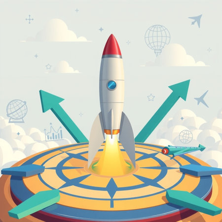 Rocket on target. Successful business start up concept. Vector illustration