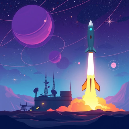 Space rocket launch into space. Vector illustration in cartoon style. Spaceship in outer space.