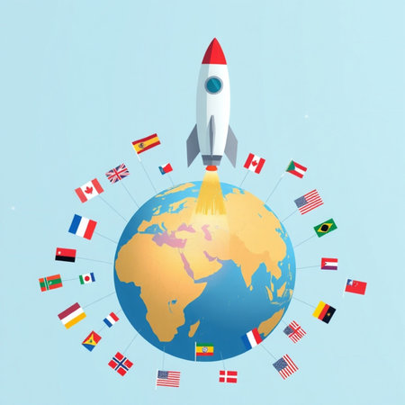 Rocket flying around the world with flags of different countries. Vector illustration.