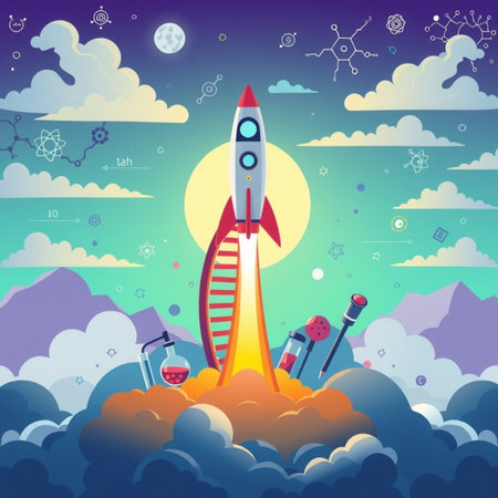 Rocket launch in the sky. Vector illustration in flat cartoon style.の写真素材