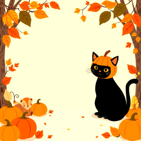 Cute black cat sitting on autumn leaves background. Vector illustration.の写真素材