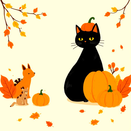 Autumn background with black cat and pumpkins. Vector illustration.の写真素材