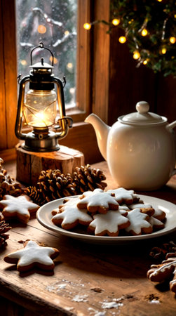 Christmas cookies in shape of snowflakes on a plate near the window.