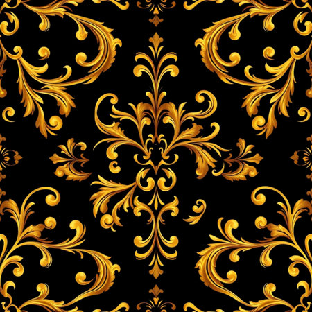 Seamless pattern with gold floral ornament on black background. Vector illustration.の写真素材