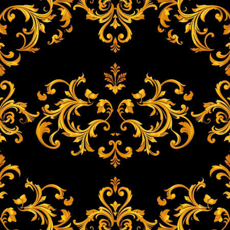 Seamless pattern with gold ornaments on black background.の写真素材