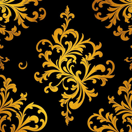 Seamless pattern with gold floral ornament on black background. Vector illustration.の写真素材