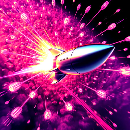 Rocket on abstract background. 3D illustration. Red and pink.の写真素材
