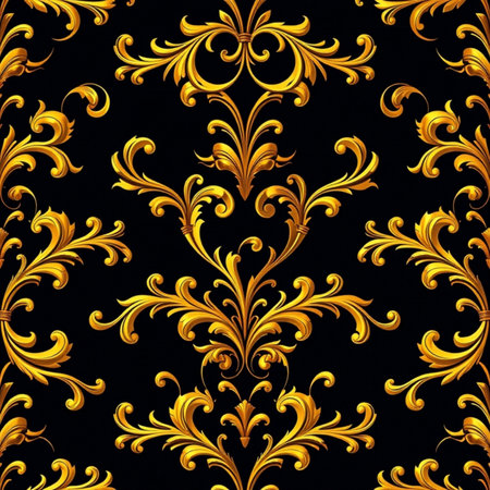 Seamless pattern with gold floral ornament on black background. Vector illustration.