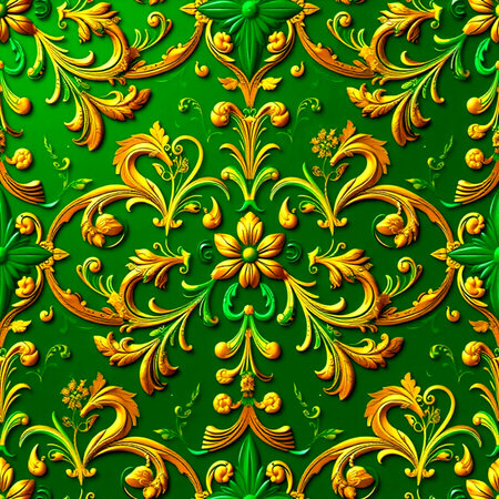 Seamless pattern of gold floral ornament on a green background.
