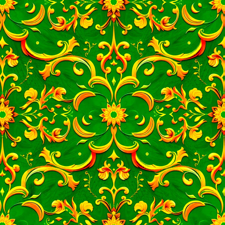 Seamless pattern with floral ornament on green background. Vector illustration.