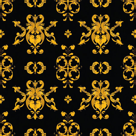 Seamless pattern with golden ornament on black background. Vector illustration.