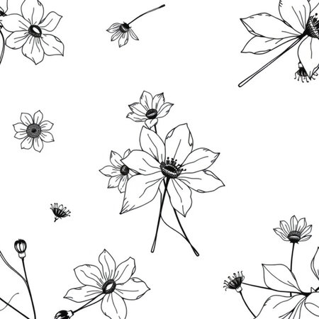 Seamless pattern with hand drawn flowers on white background. Vector illustration.の写真素材