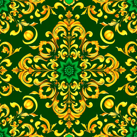 Seamless pattern with gold and green ornament on a green backgroundの写真素材
