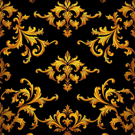 Damask seamless pattern. Vector illustration. Gold on black background.の写真素材