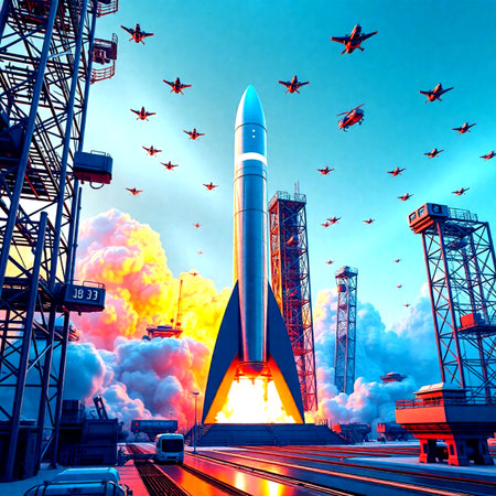 Space rocket in the sky. The concept of space exploration. 3d rendering