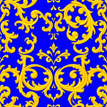 Seamless pattern with golden elements on blue background. Vector illustration.
