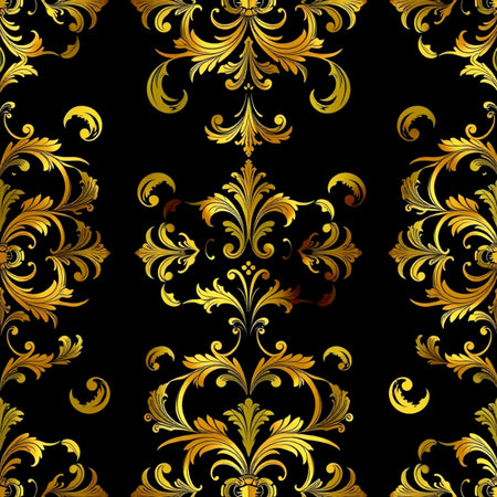 Seamless pattern with gold floral ornament on black background. Vector illustration.