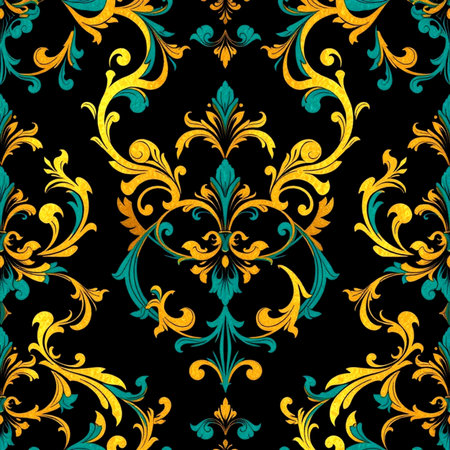 Seamless pattern with gold and blue floral ornament on black background