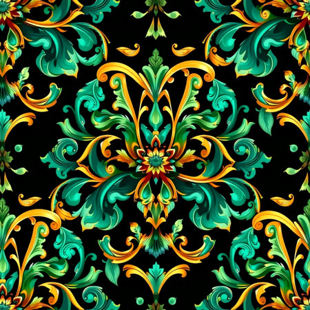 Seamless pattern with gold and green floral ornament on a black backgroundの写真素材