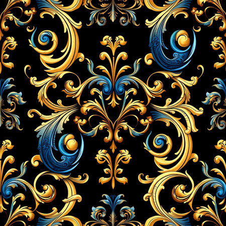 Seamless pattern with gold and blue vintage baroque ornament.
