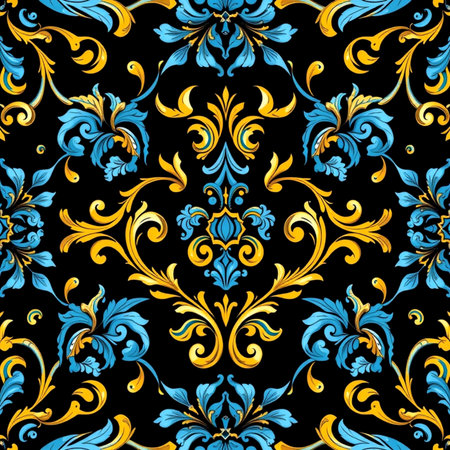 Seamless damask pattern. Vector illustration. Blue and gold colors.