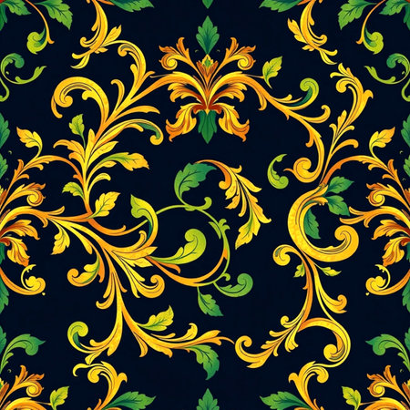 Seamless pattern with gold floral ornament on dark blue background.