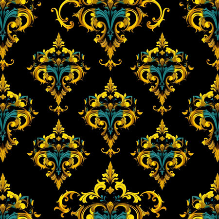 Seamless pattern with gold baroque ornament on black backgroundの写真素材