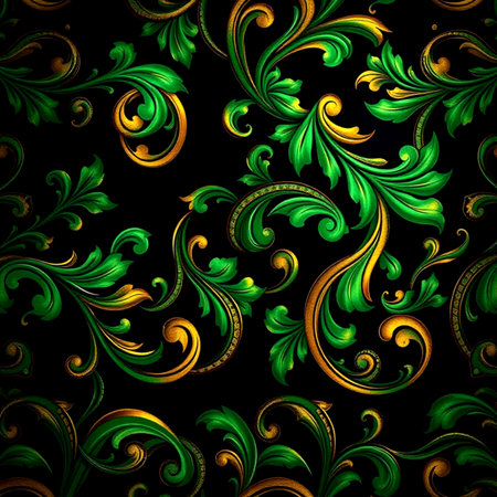 Seamless pattern with green leaves and curls on black background.