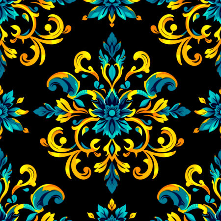 Seamless pattern with decorative blue and yellow flowers on black backgroundの写真素材