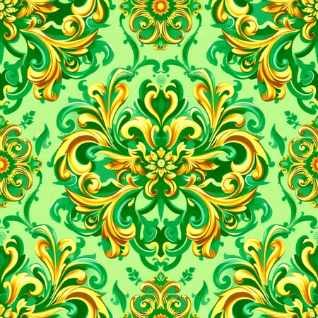 Seamless pattern with green and yellow floral ornament. Vector illustrationの写真素材