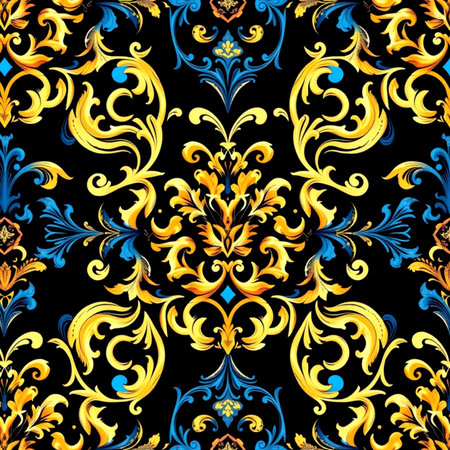 Seamless pattern with gold and blue vintage baroque ornament
