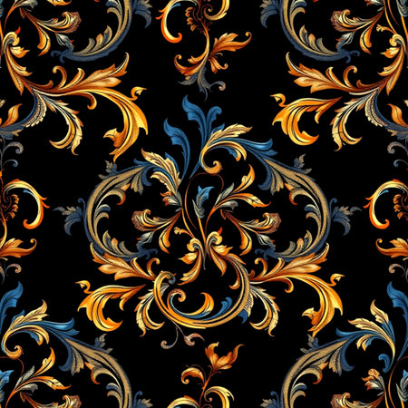 Seamless pattern with gold baroque ornament on black backgroundの写真素材