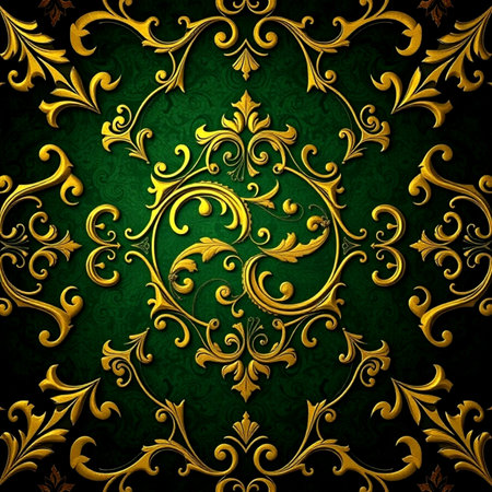 Luxury green background with gold floral ornament. 3d illustration