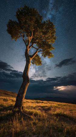 Night starry sky with milky way over tree and grasslandの写真素材