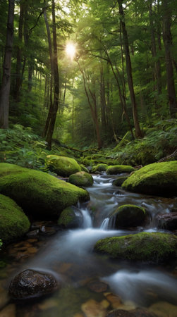 Stream in the green forest with mossy stones and sunbeamsの写真素材