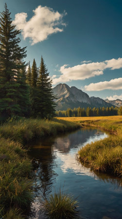 Panoramic view of a small river in the wilderness.