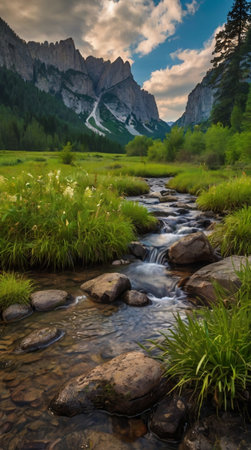 Mountain river in the Dolomites, Italy. Beautiful summer landscapeの写真素材