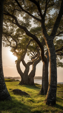 Pine trees at sunset on the island of Corfu, Greece