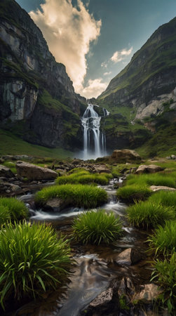 Waterfall in the Swiss alps, Switzerland. Long exposure.