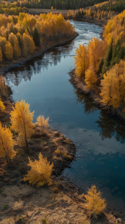 Autumn landscape with a river and yellow trees in the forest.