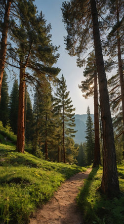 Beautiful sunset in the mountains. Landscape with coniferous forest.の写真素材