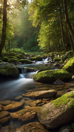 Mountain river flowing through the forest with rocks and moss in summer