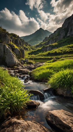 Landscape with mountain river and green grass in Caucasus mountains, Georgiaの写真素材