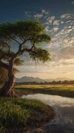 Tree in the field with sunset background, Chiang Mai, Thailand