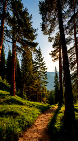 Sunset in the forest. Beautiful landscape with coniferous forest.
